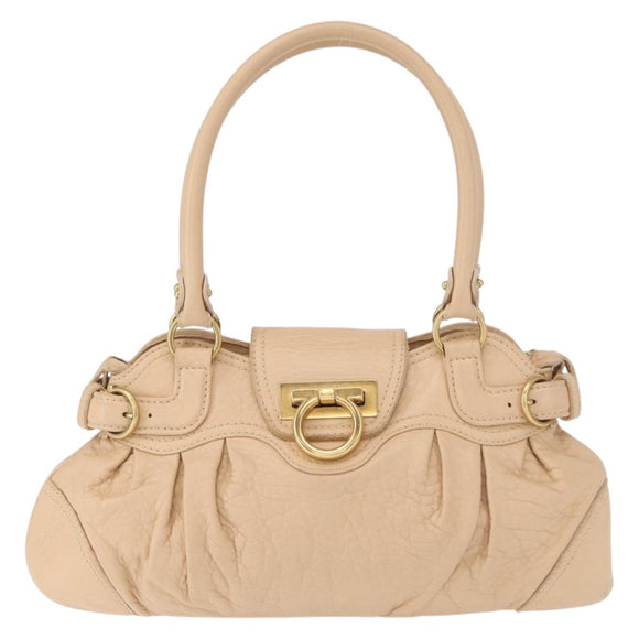 Salvatore Ferragamo Gancini Hand Bag Leather Beige Gold Auth BA8692