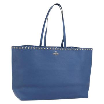 VALENTINO Studs Tote Bag Leather Blue Silver Auth BA8693