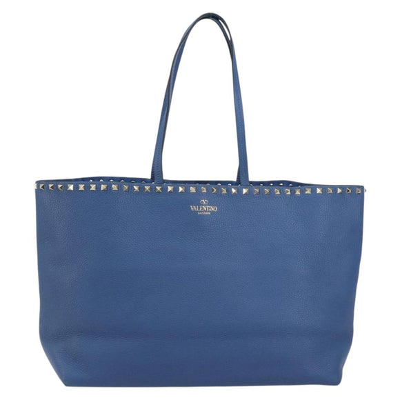 VALENTINO Studs Tote Bag Leather Blue Silver Auth BA8693