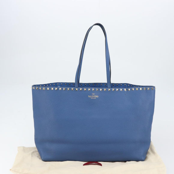VALENTINO Studs Tote Bag Leather Blue Silver Auth BA8693