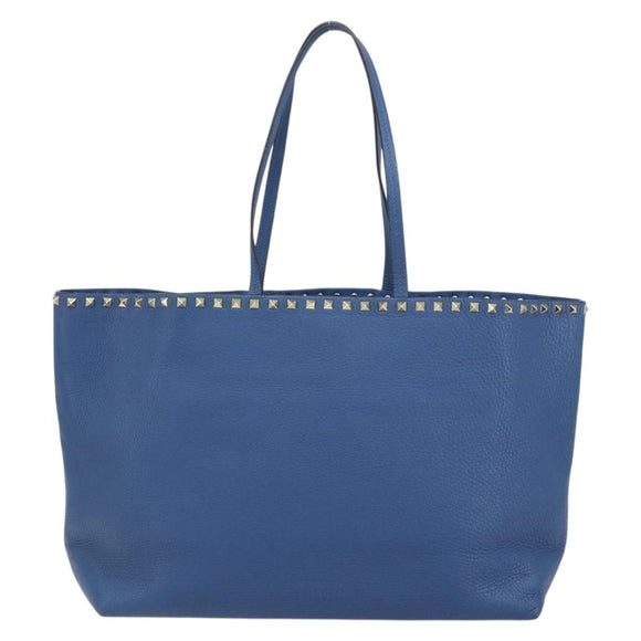 VALENTINO Studs Tote Bag Leather Blue Silver Auth BA8693