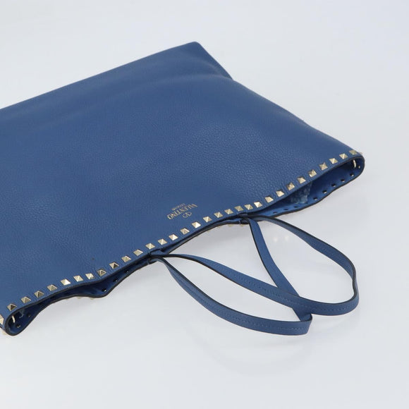 VALENTINO Studs Tote Bag Leather Blue Silver Auth BA8693