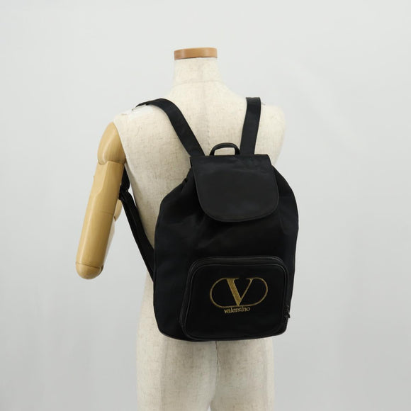 VALENTINO Backpack Nylon Leather Black Gold Auth BA8694