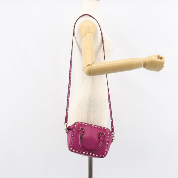 VALENTINO Studs Hand Bag Leather 2way Purple Gold Auth BA8698