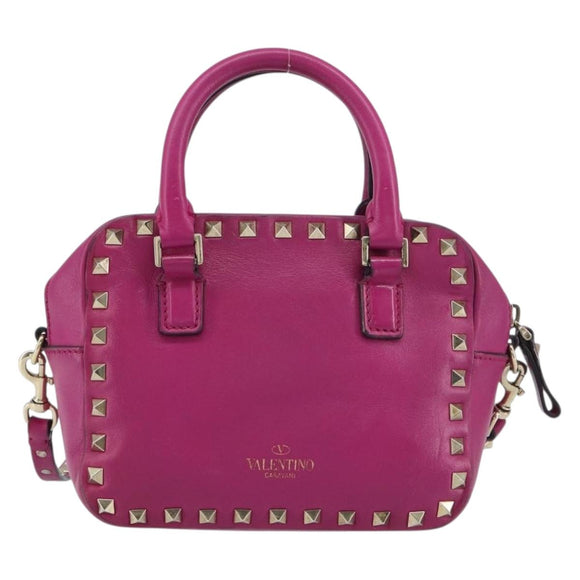 VALENTINO Studs Hand Bag Leather 2way Purple Gold Auth BA8698