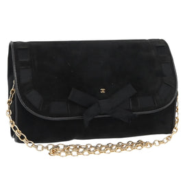 CHANEL Chain Shoulder Bag Suede Black Gold CC Auth BA8703