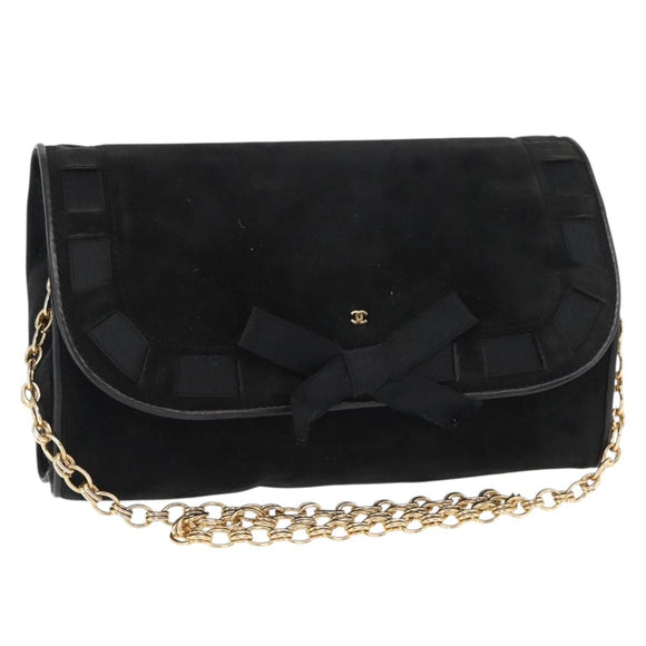 CHANEL Chain Shoulder Bag Suede Black Gold CC Auth BA8703