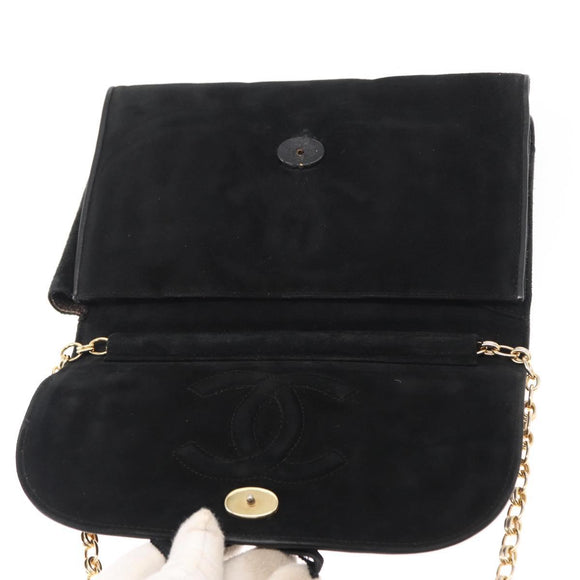 CHANEL Chain Shoulder Bag Suede Black Gold CC Auth BA8703