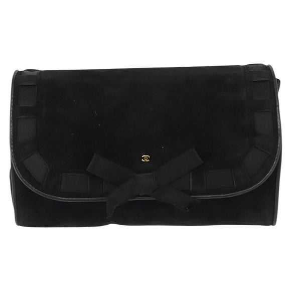 CHANEL Chain Shoulder Bag Suede Black Gold CC Auth BA8703