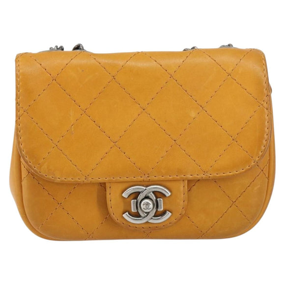CHANEL Matelasse Chain Shoulder Bag Leather Orange CC Auth BA8705