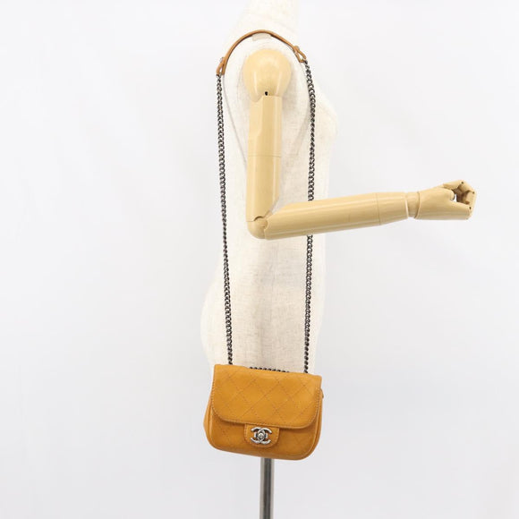 CHANEL Matelasse Chain Shoulder Bag Leather Orange CC Auth BA8705