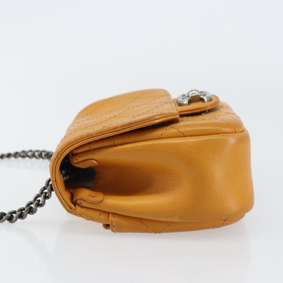 CHANEL Matelasse Chain Shoulder Bag Leather Orange CC Auth BA8705