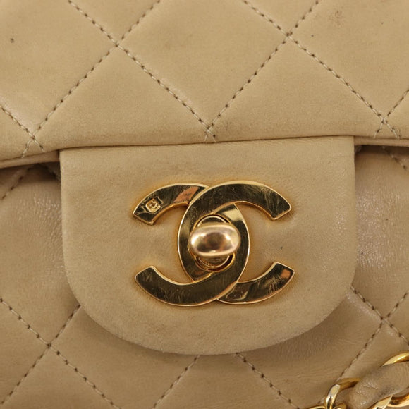 CHANEL Matelasse 25 Chain Shoulder Bag Lamb Skin Beige Gold CC Auth BA8707