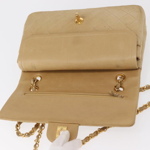 CHANEL Matelasse 25 Chain Shoulder Bag Lamb Skin Beige Gold CC Auth BA8707