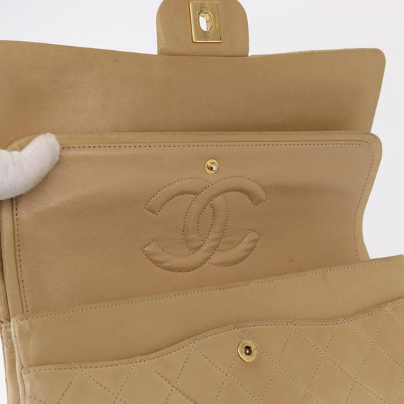 CHANEL Matelasse 25 Chain Shoulder Bag Lamb Skin Beige Gold CC Auth BA8707