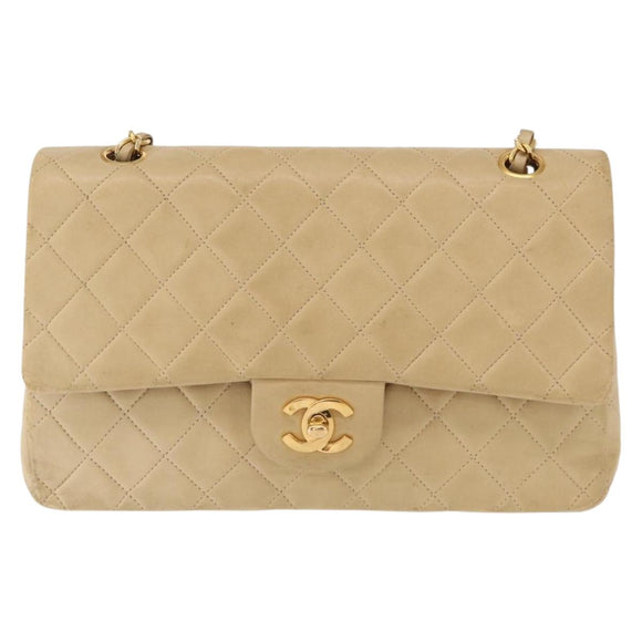 CHANEL Matelasse 25 Chain Shoulder Bag Lamb Skin Beige Gold CC Auth BA8707