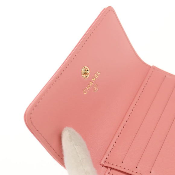 CHANEL Matelasse Bifold Wallet Lamb Skin Pink Silver CC Auth BA8708V