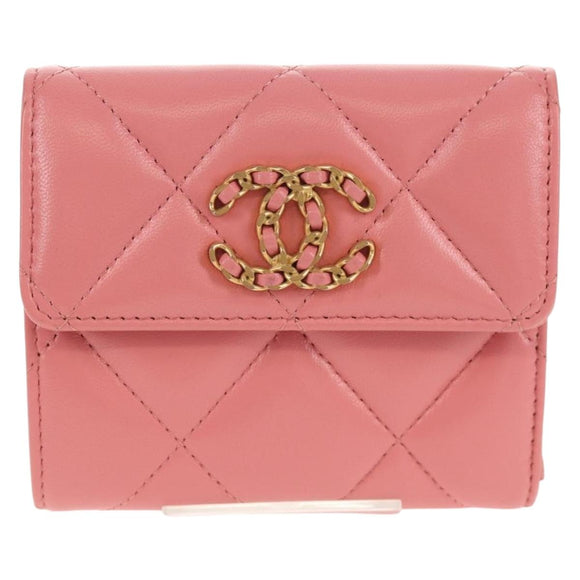CHANEL Matelasse Bifold Wallet Lamb Skin Pink Silver CC Auth BA8708V