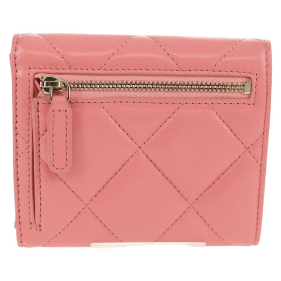 CHANEL Matelasse Bifold Wallet Lamb Skin Pink Silver CC Auth BA8708V