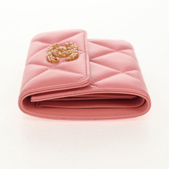 CHANEL Matelasse Bifold Wallet Lamb Skin Pink Silver CC Auth BA8708V