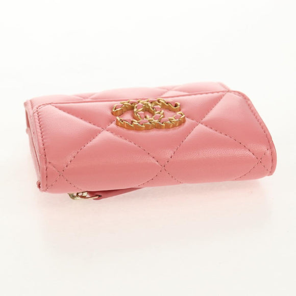 CHANEL Matelasse Bifold Wallet Lamb Skin Pink Silver CC Auth BA8708V
