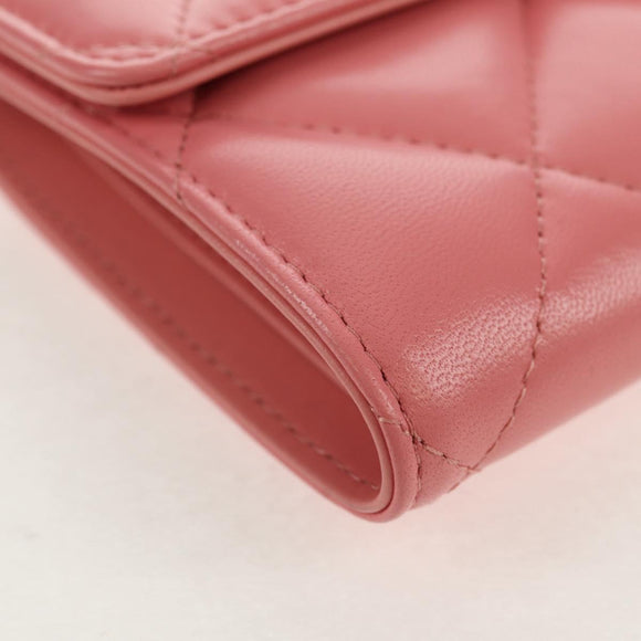 CHANEL Matelasse Bifold Wallet Lamb Skin Pink Silver CC Auth BA8708V
