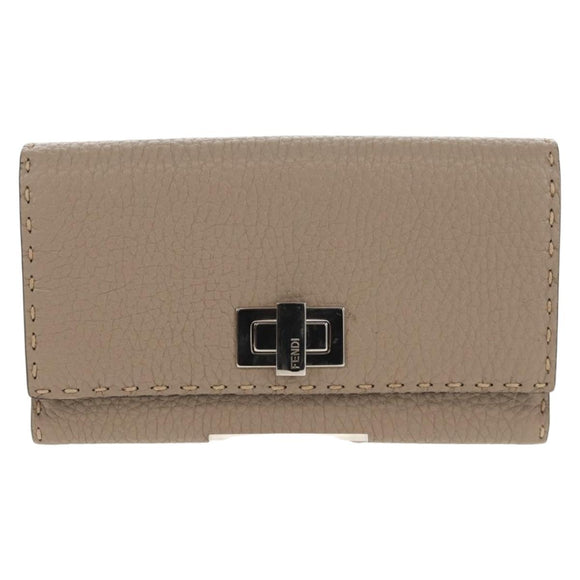 FENDI Seleria Peek A Boo Long Wallet Leather Beige Silver Auth BA8709V