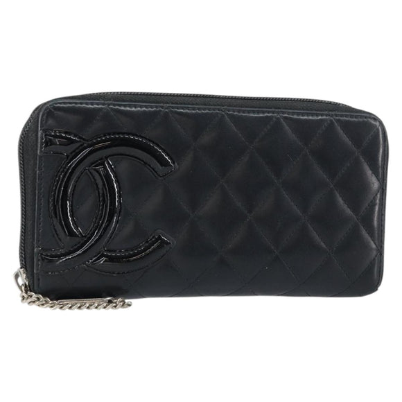 CHANEL Matelasse Long Wallet Lamb Skin Black CC Auth BA8713