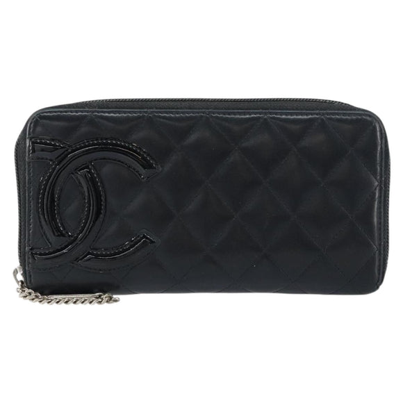 CHANEL Matelasse Long Wallet Lamb Skin Black CC Auth BA8713