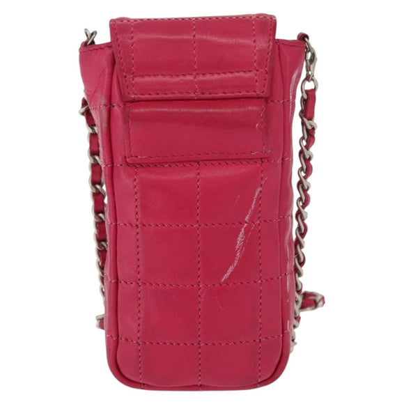 CHANEL Choco Bar line Chain Shoulder Bag Leather Pink Silver CC Auth BA8714