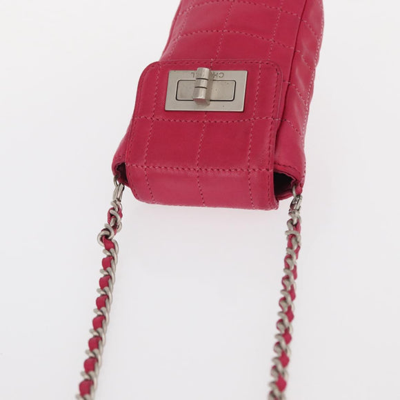 CHANEL Choco Bar line Chain Shoulder Bag Leather Pink Silver CC Auth BA8714