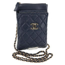 CHANEL Matelasse Chain Phone Case Bag Lamb Skin Navy Gold CC Auth BA8715SAV-1
