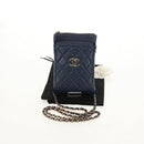 CHANEL Matelasse Chain Phone Case Bag Lamb Skin Navy Gold CC Auth BA8715SAV-12