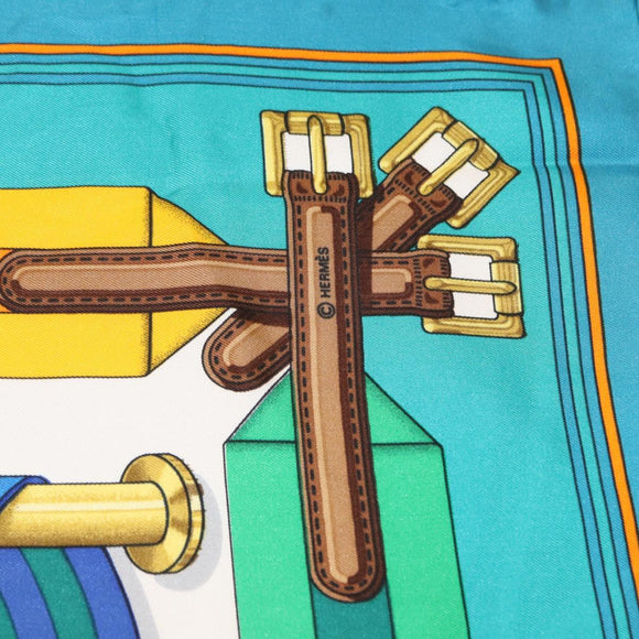 HERMES Carre 90 Scarf ""J.METZ"" Silk Turquoise Blue Auth BA8721
