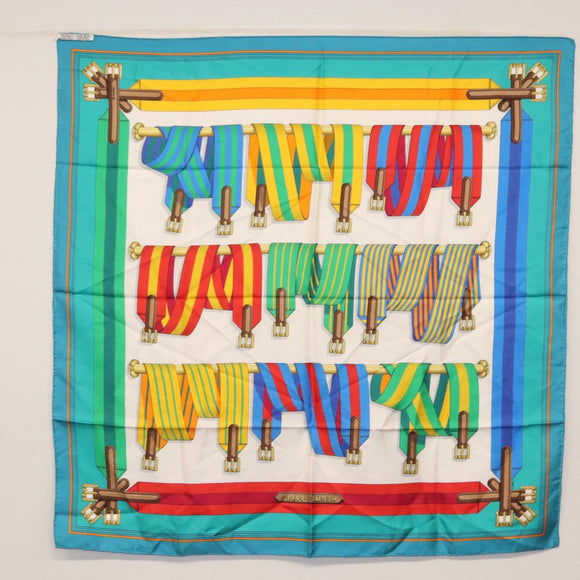 HERMES Carre 90 Scarf ""J.METZ"" Silk Turquoise Blue Auth BA8721