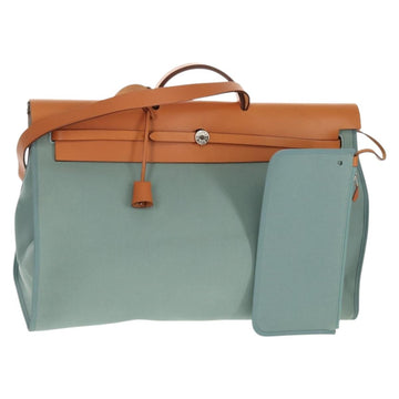 HERMES Her bag Zip GM Hand Bag Canvas Leather Blue Silver Auth BA8733SAM