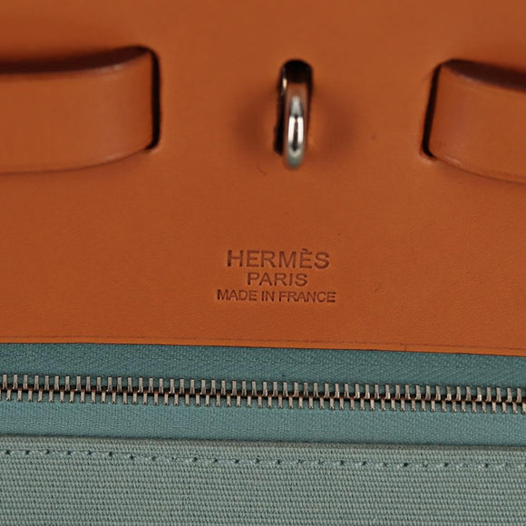 HERMES Her bag Zip GM Hand Bag Canvas Leather Blue Silver Auth BA8733SAM