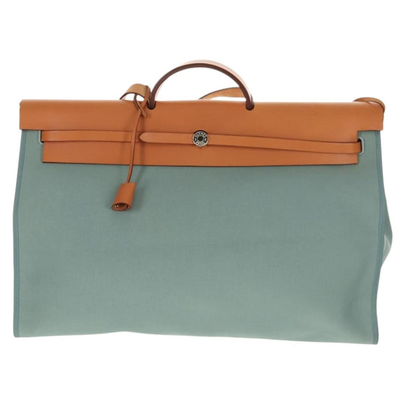 HERMES Her bag Zip GM Hand Bag Canvas Leather Blue Silver Auth BA8733SAM