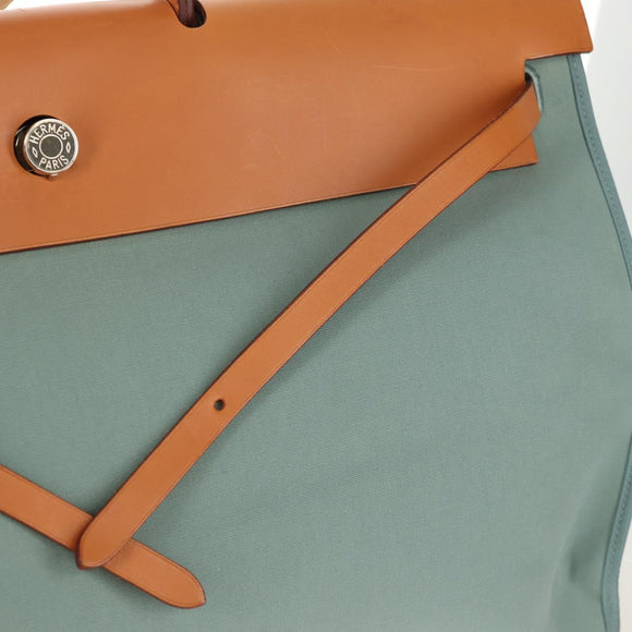 HERMES Her bag Zip GM Hand Bag Canvas Leather Blue Silver Auth BA8733SAM