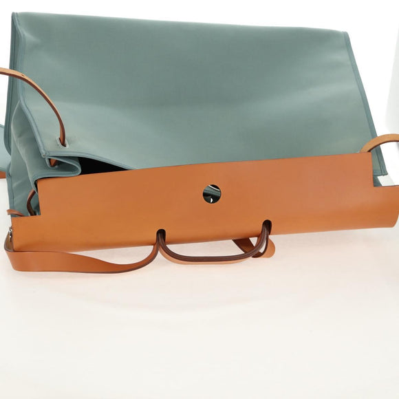 HERMES Her bag Zip GM Hand Bag Canvas Leather Blue Silver Auth BA8733SAM