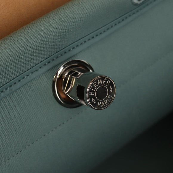 HERMES Her bag Zip GM Hand Bag Canvas Leather Blue Silver Auth BA8733SAM