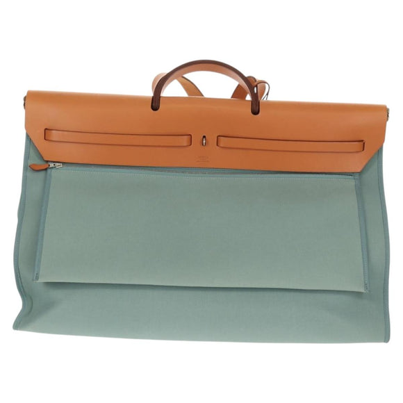 HERMES Her bag Zip GM Hand Bag Canvas Leather Blue Silver Auth BA8733SAM