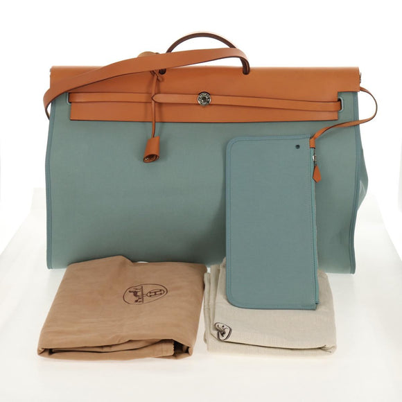 HERMES Her bag Zip GM Hand Bag Canvas Leather Blue Silver Auth BA8733SAM