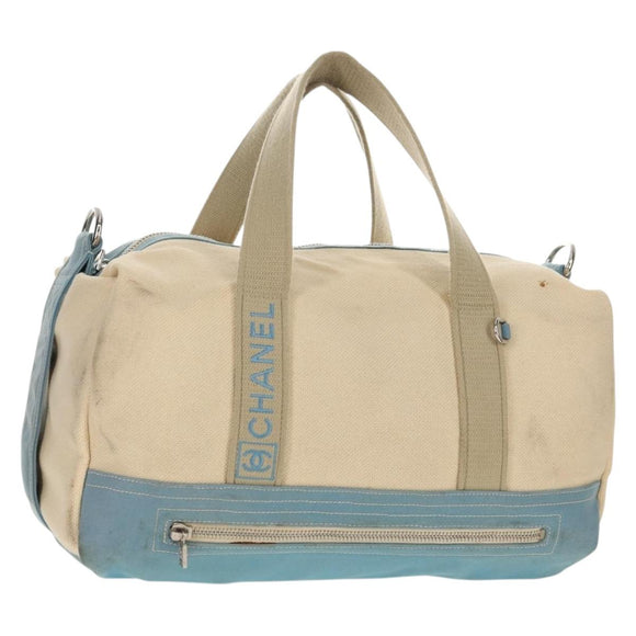 CHANEL Boston Bag Canvas Beige Silver CC Auth BA8755
