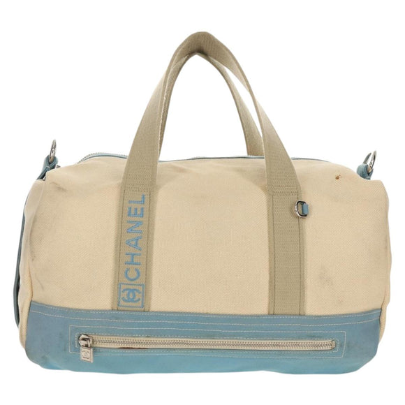 CHANEL Boston Bag Canvas Beige Silver CC Auth BA8755