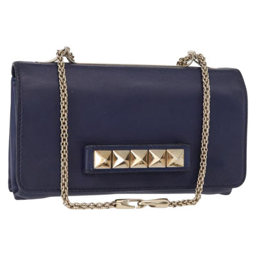 VALENTINO Studs Chain Shoulder Bag Leather Navy Gold Auth BA8756