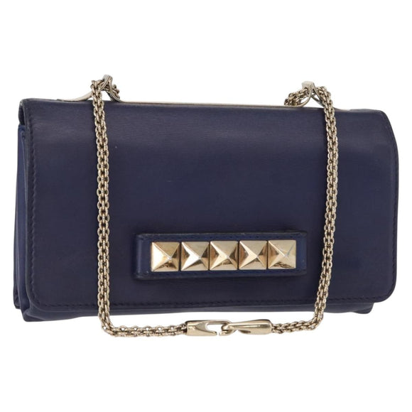 VALENTINO Studs Chain Shoulder Bag Leather Navy Gold Auth BA8756