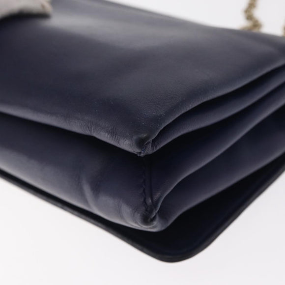 VALENTINO Studs Chain Shoulder Bag Leather Navy Gold Auth BA8756