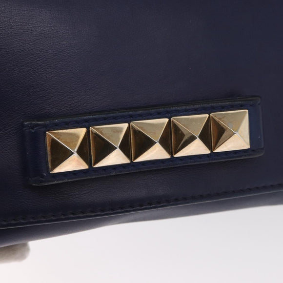 VALENTINO Studs Chain Shoulder Bag Leather Navy Gold Auth BA8756