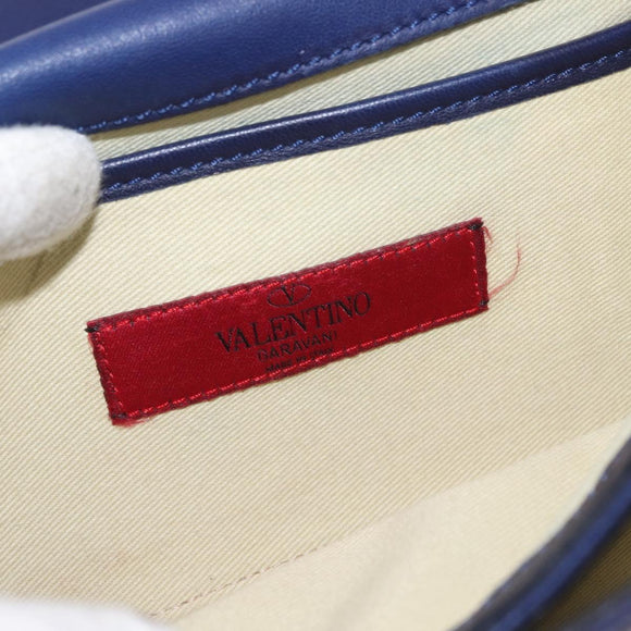 VALENTINO Studs Chain Shoulder Bag Leather Navy Gold Auth BA8756